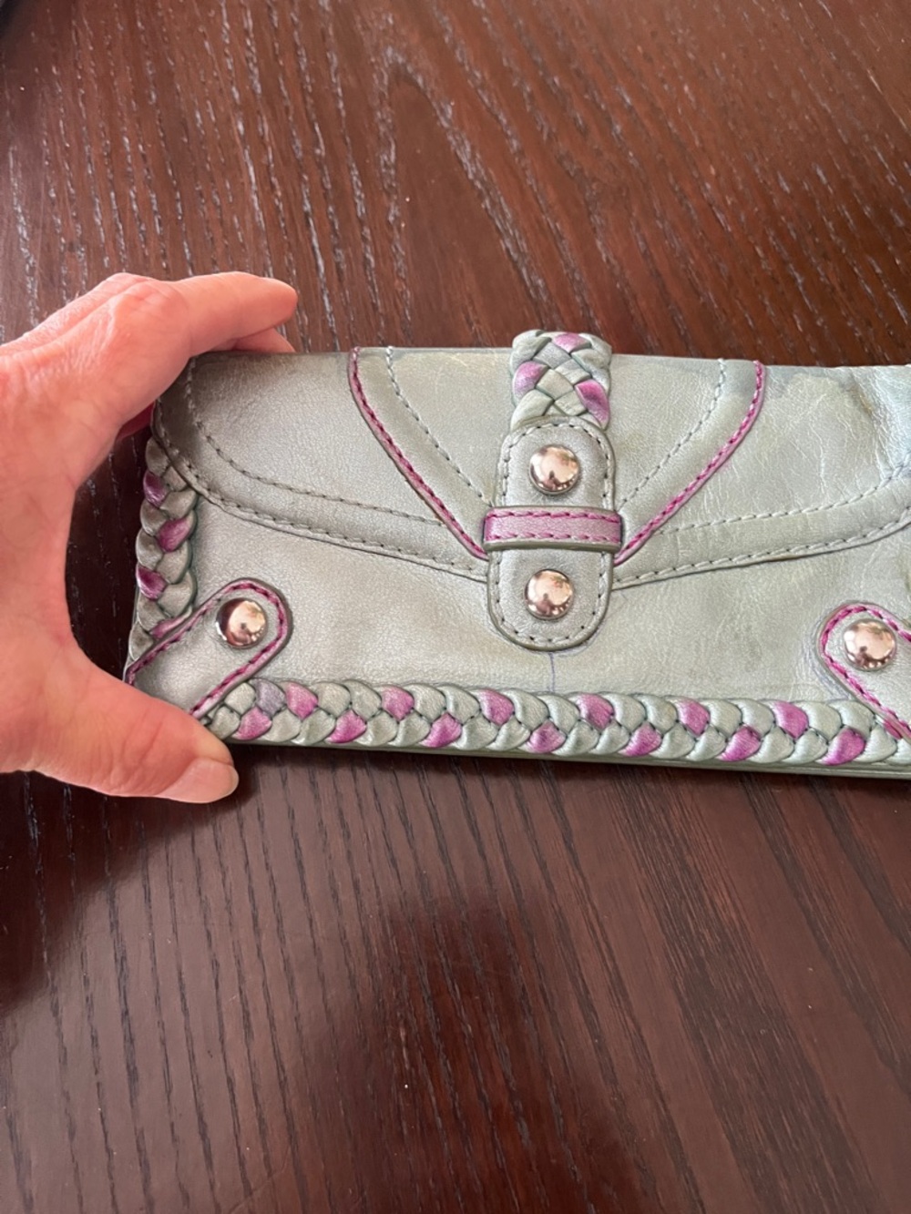 Isabella Fiore Metallic Mint Wallet with Pink Braid Trim
